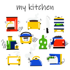 Vector set of kitchen appliances. Mixer, kettle, toaster, juicer, steamer, slow cooker, microwave, meat grinder, cutting Board and knife. Drawing style - 337985090