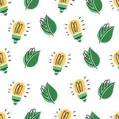 Vector seamless pattern with light bulbs and leaves. Doodle style
- 337985224