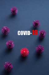 Coronavirus plastic models with inscription COVID-19. Sars-cov-2 pandemic concept COVID-19 pandemic concept 