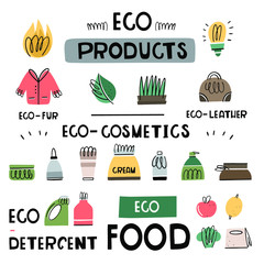 Vector set of eco-friendly products.Eco-fur, eco-leather, eco-fuel, natural cosmetics, shower and bath products, safe cleaning and Laundry products. Not tested on animals. Doodle style - 337985257