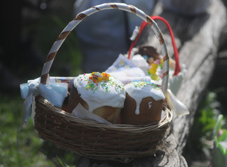 Easter cakes in a basket, in Kiev, April 28, 2019.