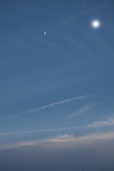 sky and moon,light, white,blue, cloud, sun, beautiful,atmosphere, morning, bright, heaven, weather, air, day, 
