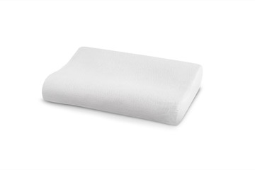 Orthopedic Pillow with a Memory Effect. Medical treatment pillow for sleep. Comfort Memory Pillow under the head with a recess under the shoulder isolated on white background. Sleeping Support Pillow