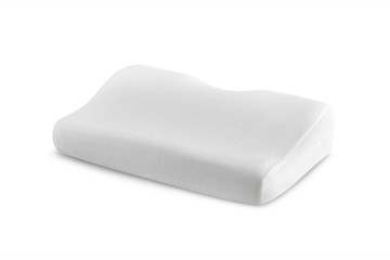 Orthopedic Pillow with a Memory Effect. Medical treatment pillow for sleep. Comfort Memory Pillow under the head with a recess under the shoulder isolated on white background. Sleeping Support Pillow