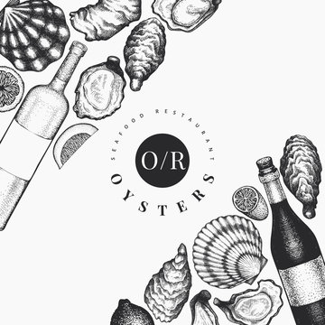 Oysters And Wine Design Template. Hand Drawn Vector Illustration. Seafood Banner. Can Be Used For Design Menu, Packaging, Recipes, Label, Fish Market, Seafood Products.