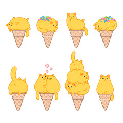 Set of cat ice-creams. Illustration of ice-creams looks like a funny yellow cats sitting in a waffle cone. Isolated objects. Vector 8 EPS.