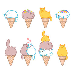 
Set of cat ice-creams. Illustration of ice-creams looks like a funny white cats sitting in a waffle cone. Isolated objects. Vector 8 EPS.