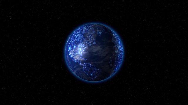 The earth with neon lines rotates in space