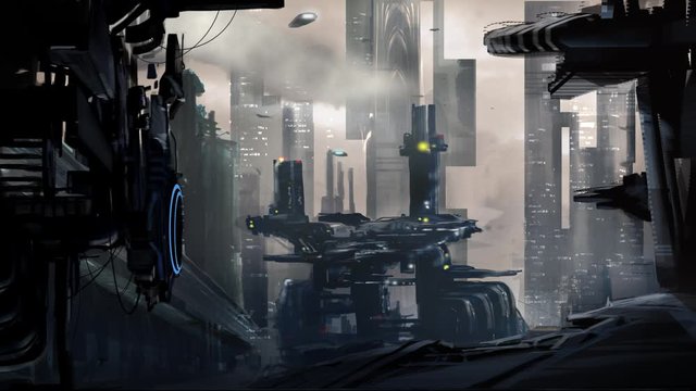 Animation of a digitally painted abstract Futuristic SciFi Cityscape. Refinery polluting the air and spaceships travelling in the distance.