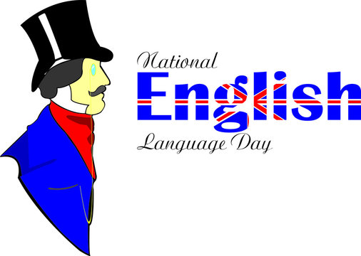 Image of a man in a blue tailcoat, red scarf and black top hat. The concept of an Englishman. National English Language Day.