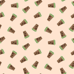 Coffee pattern. Illustration of coffee cups drawn in flat style on a light brown background. Vector 8 EPS.