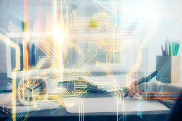 Double exposure of hands making notes with world map hologram and data theme icons. Concept of international network data.