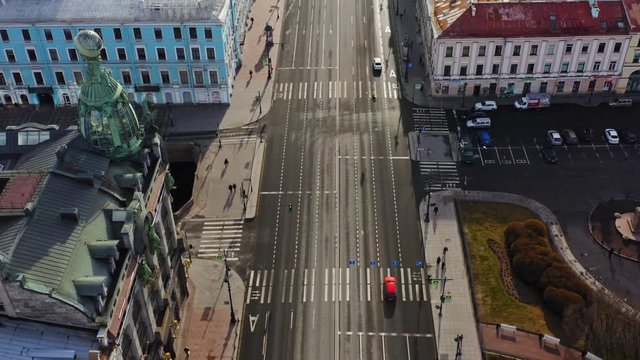Empty streets of St. Petersburg city centre during quarantine. Top view from drone