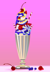 Giant milkshake with ice cream in a glass  with different  type of berry