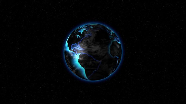 The earth with neon continents rotates in space