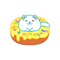 Cute cat and donut. Illustration of a fat cat sitting on a yellow glazed donut. Isolated objects. Vector 8 EPS.