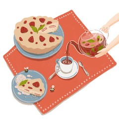 Illustration of delicious strawberry pie and herbal tea pouring in teacup from glass teapot held by hands. Cartoon tea party with homemade baking.