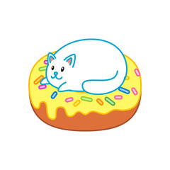 Cute cat and a donut. Illustration of a white kitten lying on a yellow glazed donut. Isolated objects. Vector 8 EPS.