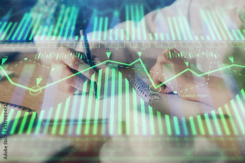 Aufkleber Double exposure of woman's hands on background with technology and digital coding icons. Data development concept. Close up.