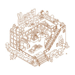 Obraz premium Cartoon isometric outline cafe interior. Hand drawn coloring book page of 3d restaurant space.