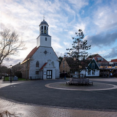 De Koog,  Netherlands - 25 February 2020:  view on the church of the  tourist village of De Koog,...