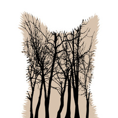 Vector silhouette of dog´s face with trees on background. Symbol of forest.