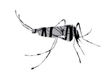 Vector silhouette of mosquito with trees on background. Symbol of insect.
