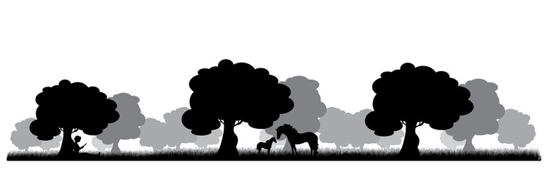 Vector silhouette of woman sitting under tree and read book on meadow with horses on white background. Symbol of nature and rest.