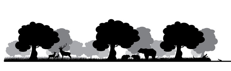 Vector silhouette of different animals in forest on white background. Symbol of nature and wild animals.