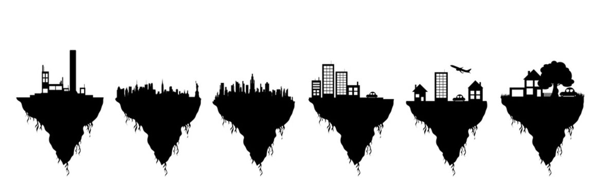 Collection of vector silhouette of piece of land with city on white background. Symbol of nature and environment.