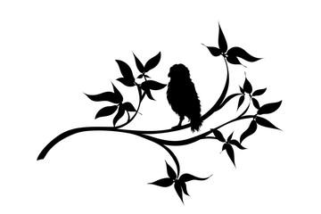 Vector silhouette of owl sitting on branch with leaves on white background. Symbol of nature.