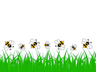 Green grass and bees on a white background. Nature vector illustration