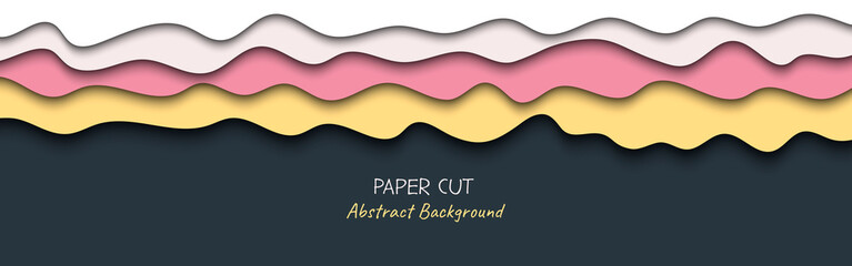 Abstract horizontal vector long banner in paper cut style with shadows and copy space for text. Paper art in trendy color layers, shape of waves. Realistic minmal layout template for website