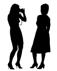 Young woman holds a smartphone in her hand. Isolated silhouettes of people on a white background