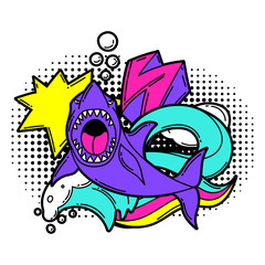 Print with cartoon shark. Urban colorful teenage creative illustration.