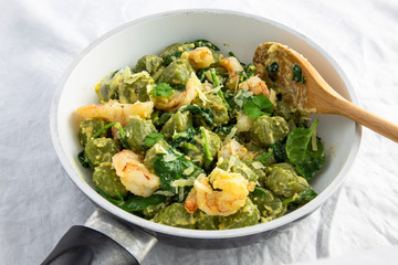 Creamy cheesy sauce spinach gnocchi with shrimp