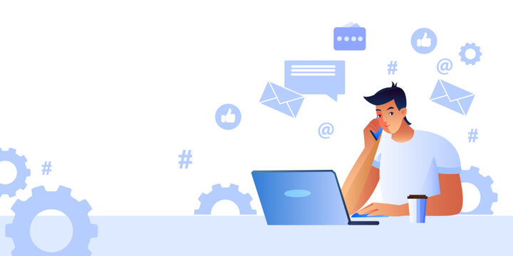 Online marketing banner with male character in white t-shirt, laptop, coffee, social media icons. Freelance communication and customer support concept in blue colors with copy space.