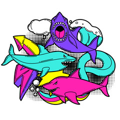 Print with cartoon sharks. Urban colorful teenage creative illustration.