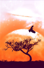 Fiction book cover template - landscape of lone tree silhouette and flying bird with planet in vivid orange sky - digital illustration. Elements of this image are furnished by NASA