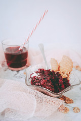 Delicious jelly dessert with red raspberry juice