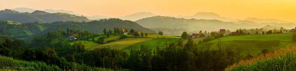 Large panorama of mountain village. Serbia, Europe. Summer evening.
