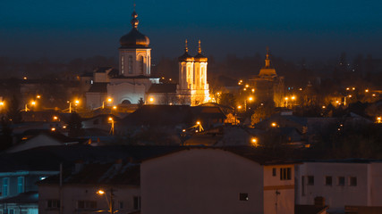 Old city buildings in the dusk , The city of Ploiesti , Romania in the golden light