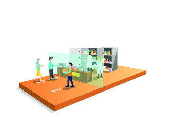 Hospital dispensing room concept There is a pharmacist looking for medicine. And patients waiting to receive medicine, can be used as a banner template and logo about hospital,vector art illustration.
