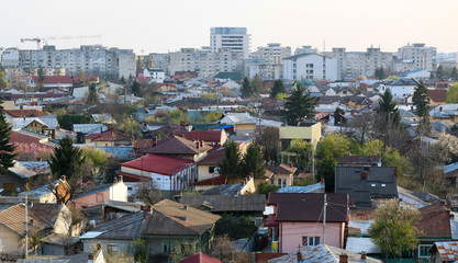 Obraz premium Old city buildings in the dusk , The city of Ploiesti , Romania in the golden light