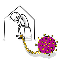 Corona Virus Lockdown requires man to stay at home or shelter in place to flatten the curve. He is chained in his home. He is fighting depression in self-isolation.