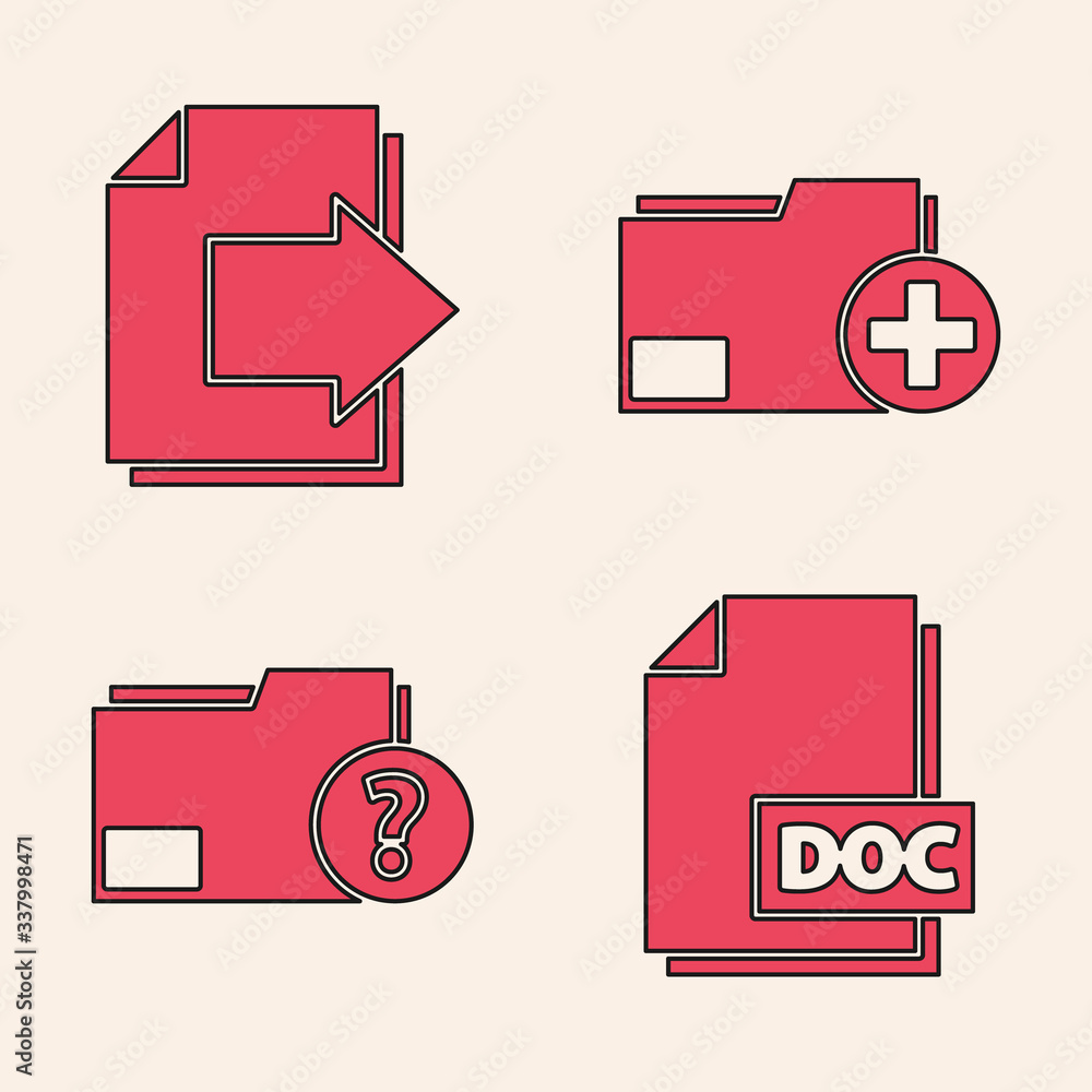 Fototapete set doc file document, next page arrow, add new folder and unknown document folder icon. vector