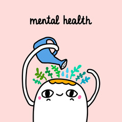 Mental health hand drawn vector illustration in cartoon comic style man growing plants head garden