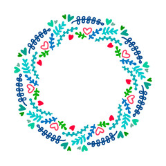 Beautiful mandala wreath illustration in cartoon doodle style flowers plant heart symbol