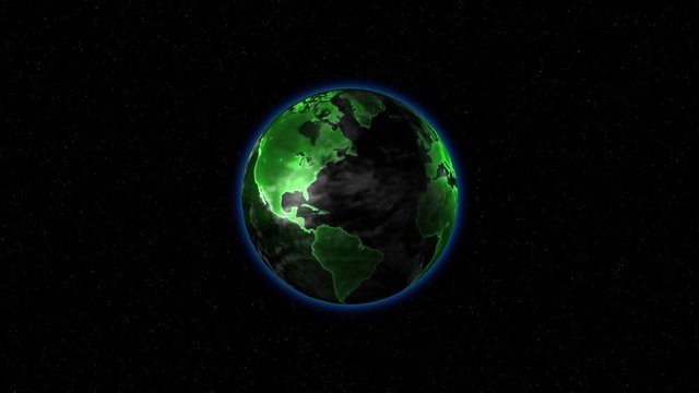 The earth with green neon continents rotates