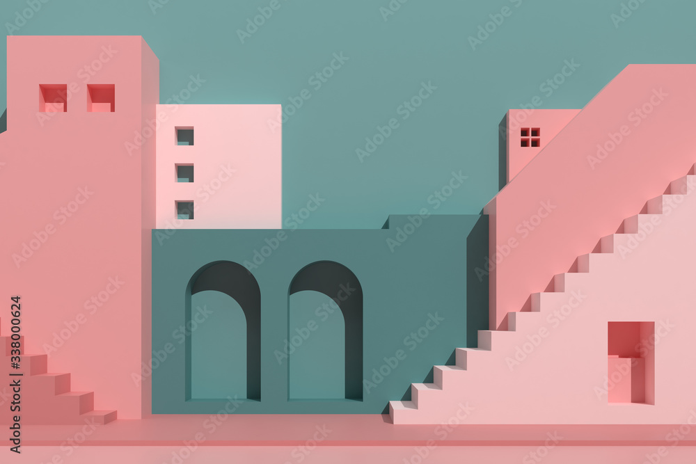 Fototapete Minimal style of architectural buildings with stairs and arches, housing on pastel color background, presentation,shade and shadow. 3D rendering.